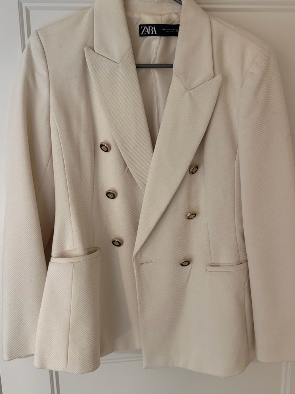 ZARA Cream Double-Breasted Textured Blazer with Gold Buttons